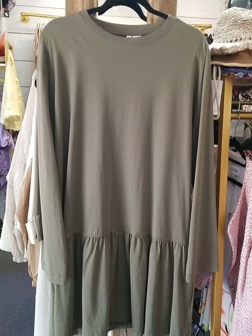 H&M Olive Green Long Sleeve Ruffle-Hem Dress